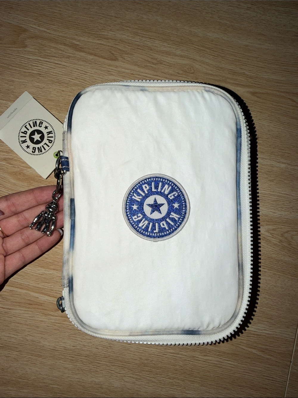 Kipling White Padded Zip Pouch with Blue Logo Charm